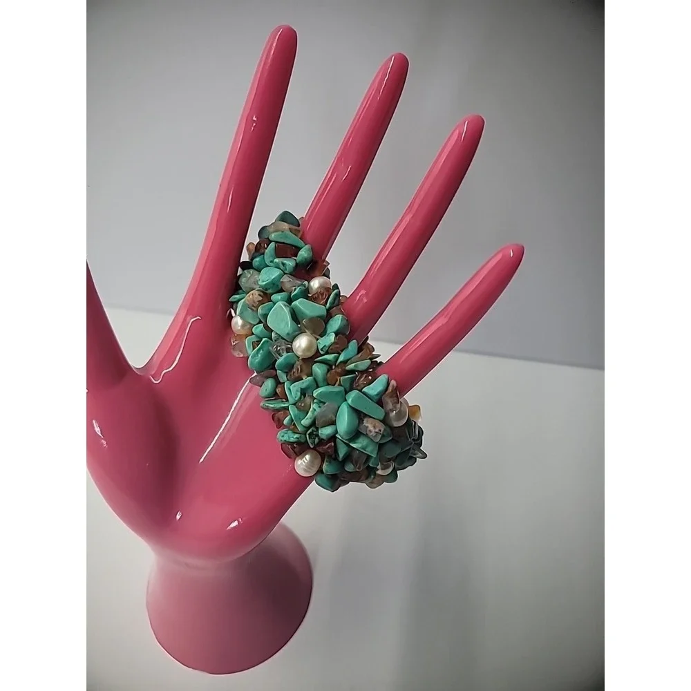 Vintage Bracelet Turquoise Amber Chip Beaded Stretch Jewelry Costume